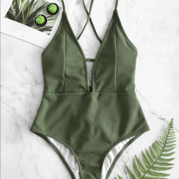 Zaful Other - Lace up criss cross ribbed one piece swimsuit